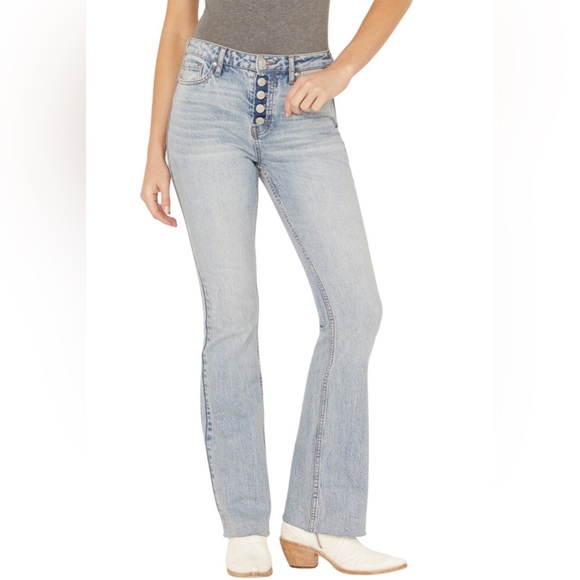 Cleo + Wolf Jeans Women's 31W/34L Blue High Rise Bootcut Raw Hem Button Fly Pant - Picture 1 of 11